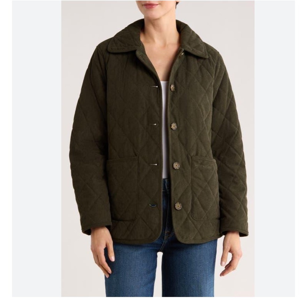 Lucky Brand Quilted Corduroy Barn Jacket Womens Large Loden Green Utility Coat